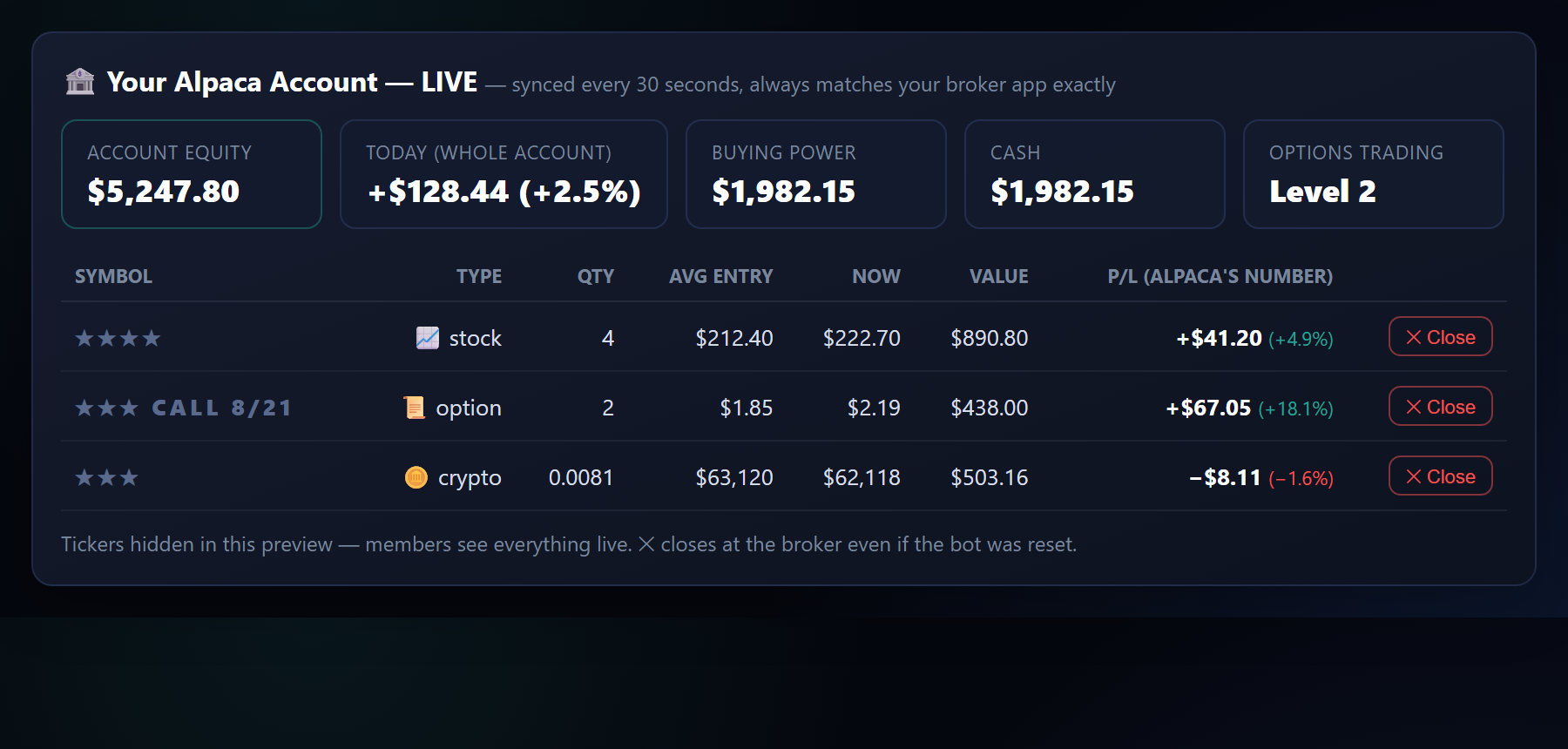 Live Alpaca account panel