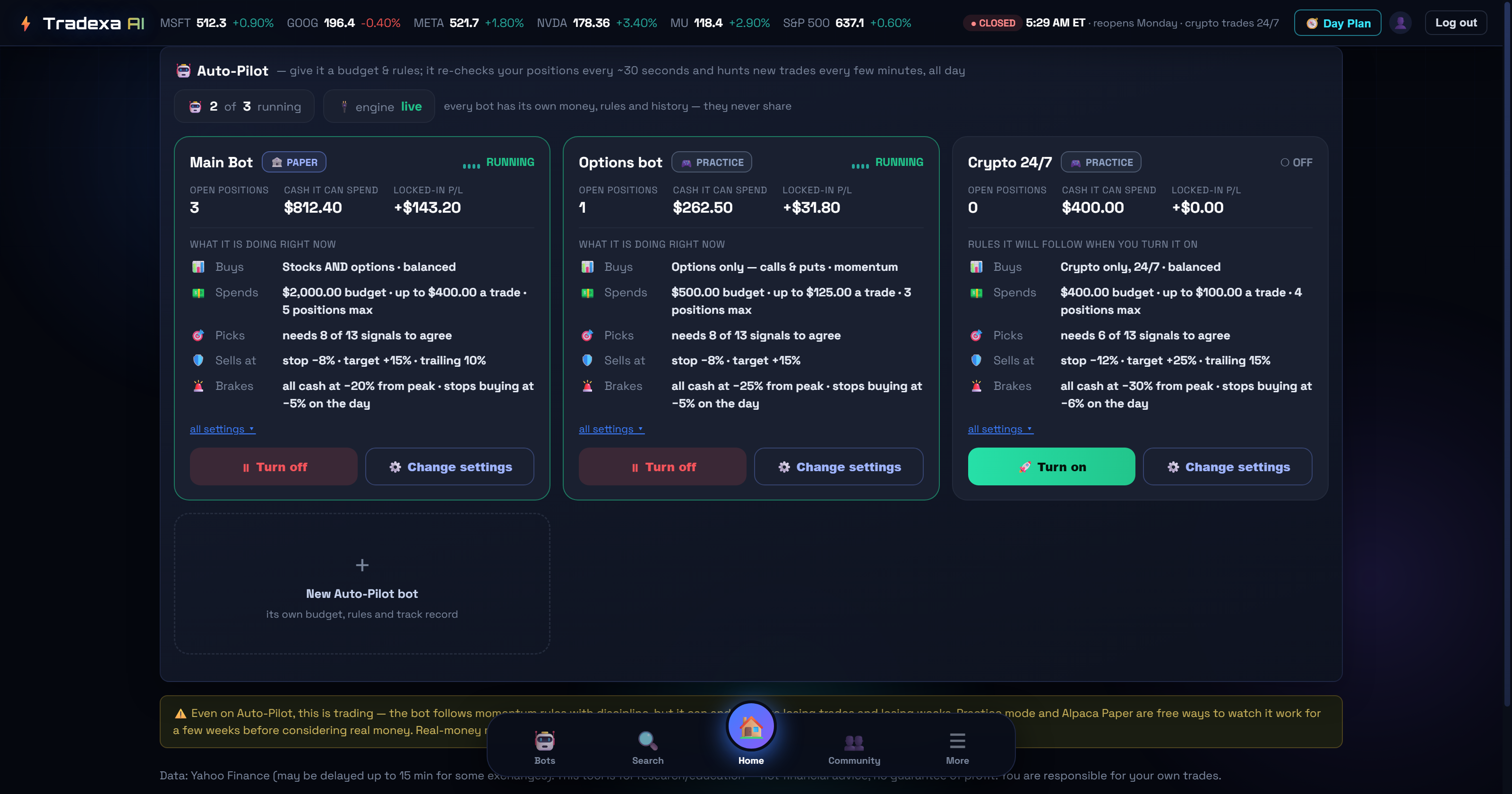 Auto-Pilot control center — every bot as a card with its rules in plain English