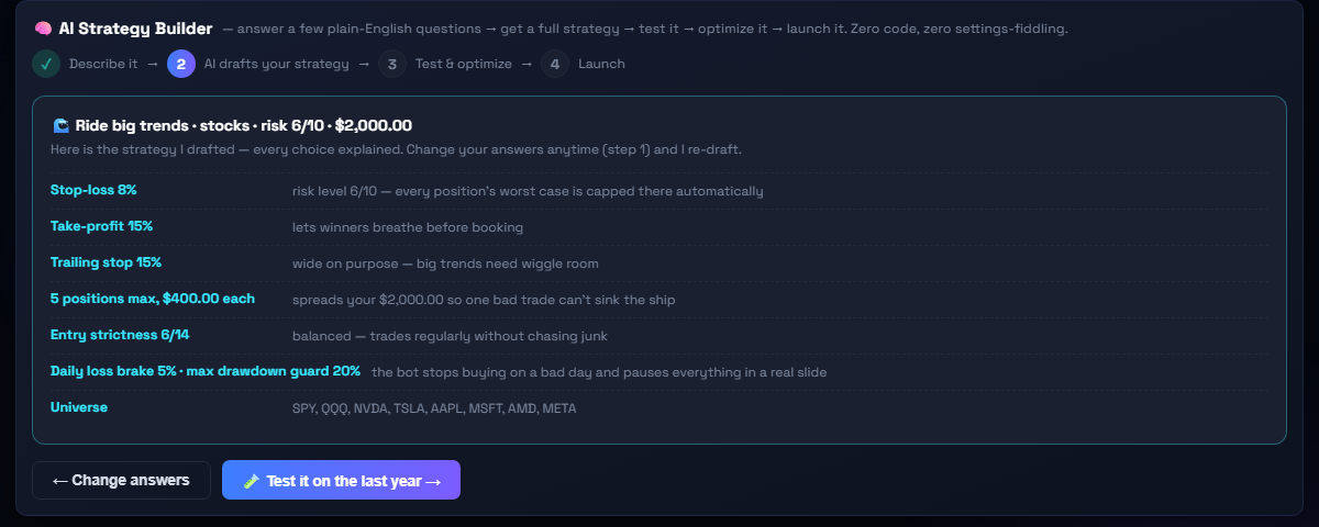AI Strategy Builder drafted strategy — live capture