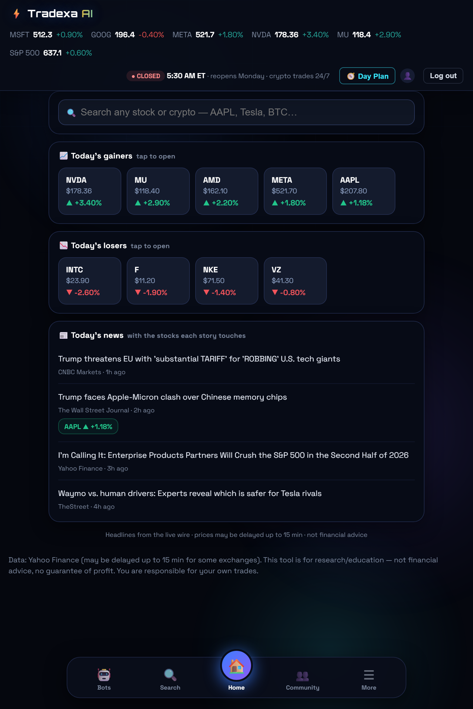 Discover — search any stock, today's gainers and losers, news with live tickers