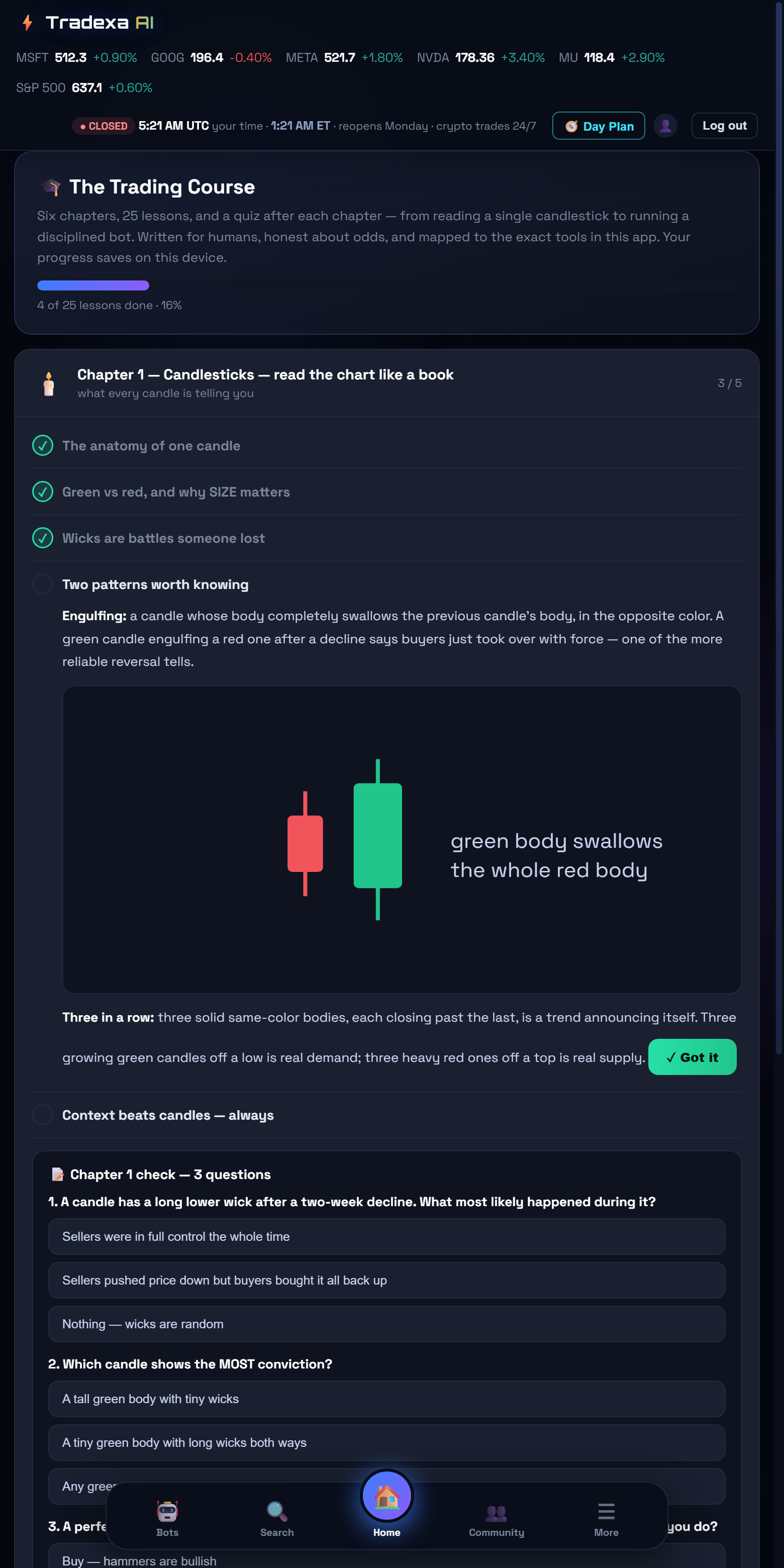 The Trading School — chapter 1 candlesticks with lessons, diagrams and a quiz