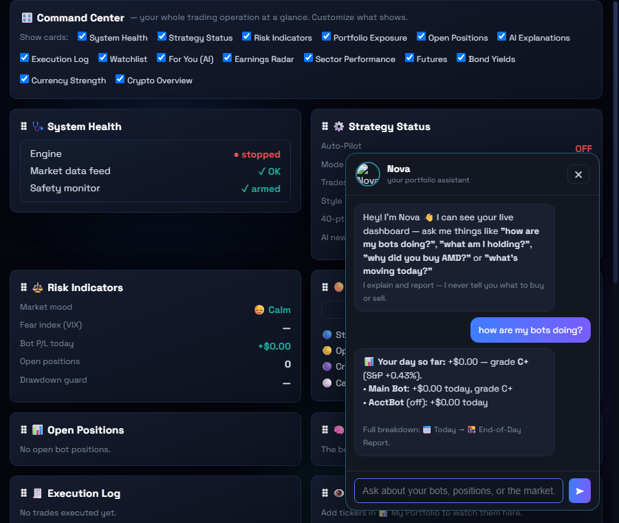 Nova AI assistant answering portfolio questions — live capture