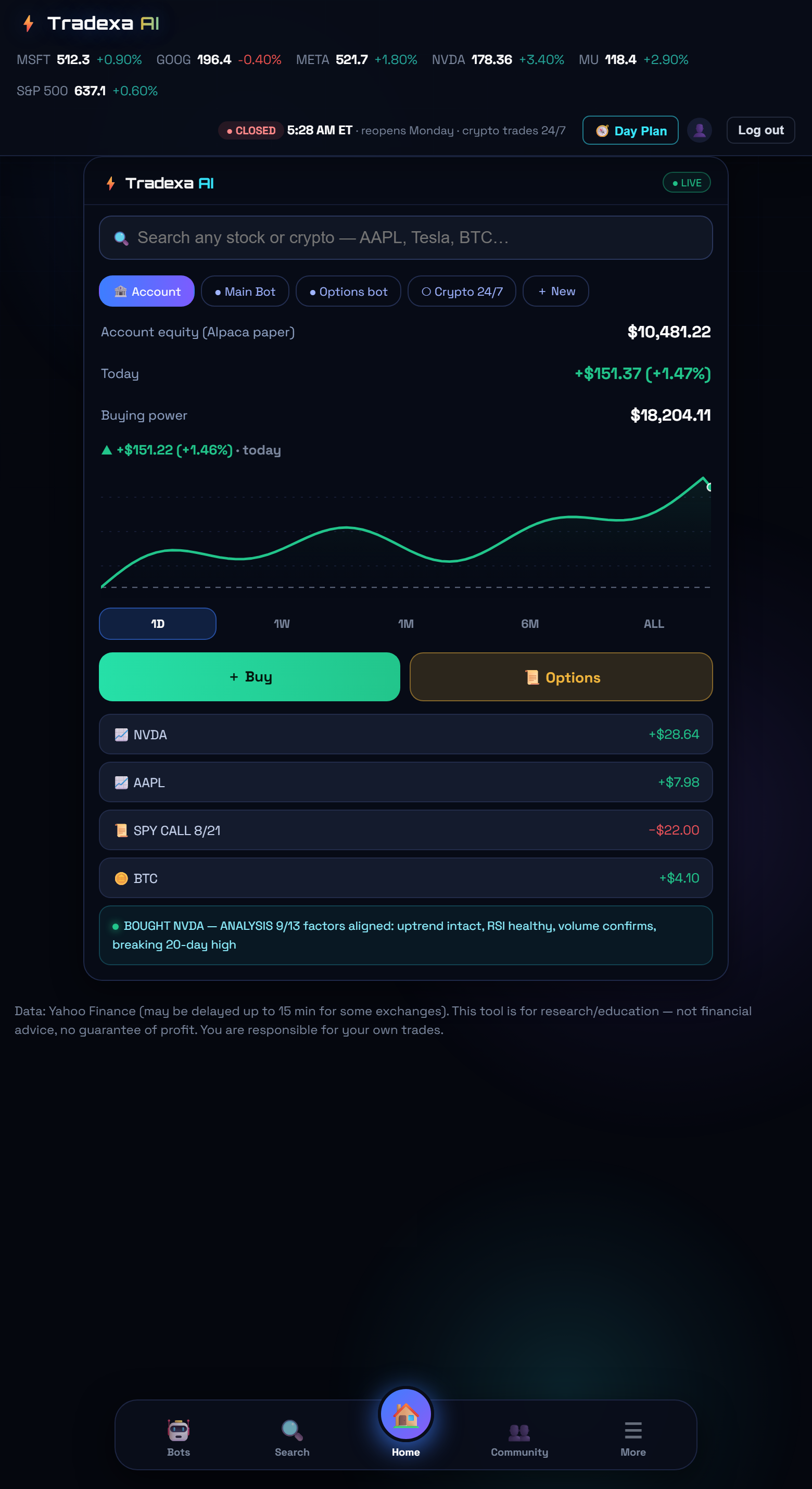 Tradexa home screen — account, bots, chart, positions and live bot feed