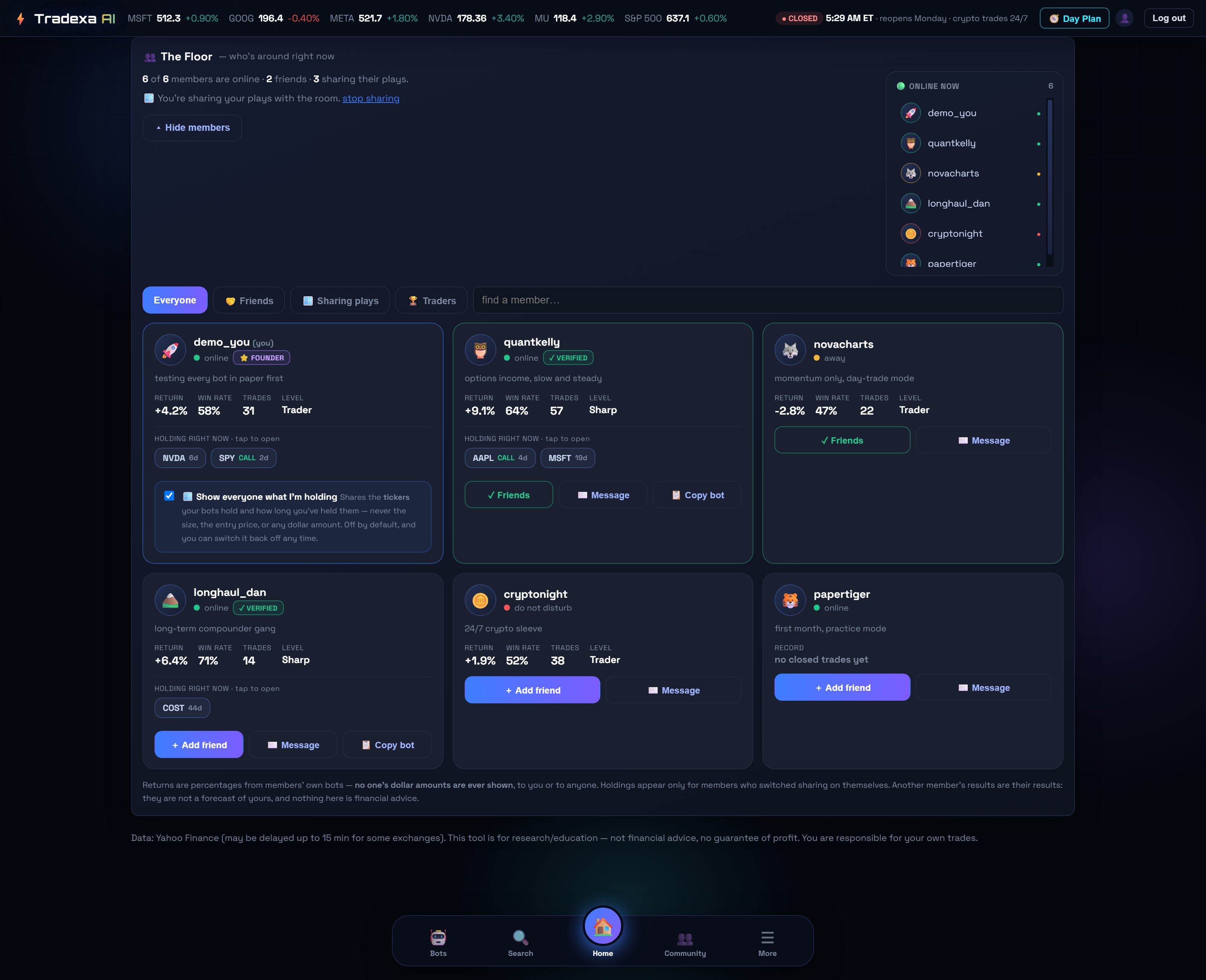 The Floor — community dashboard with friends, presence and opt-in shared holdings